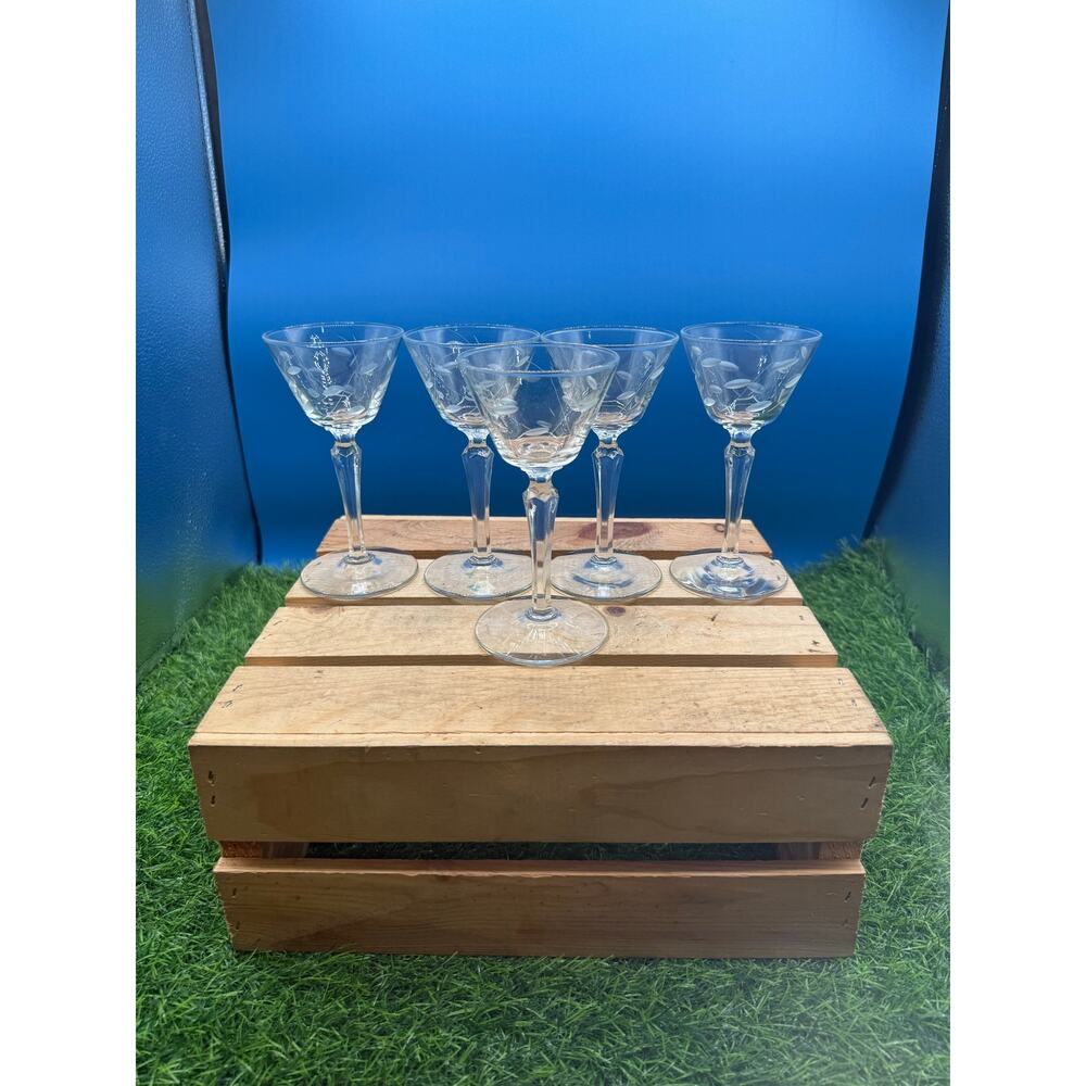 Vintage Elegant Glass Cordial/Liquor Stemware-Etched Leaf & Vine Pattern-Set 5
